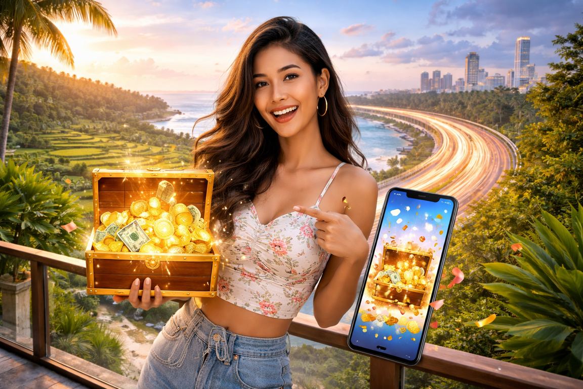 Pengguna bermain casino mobile di tepi pantai dengan suasana santai