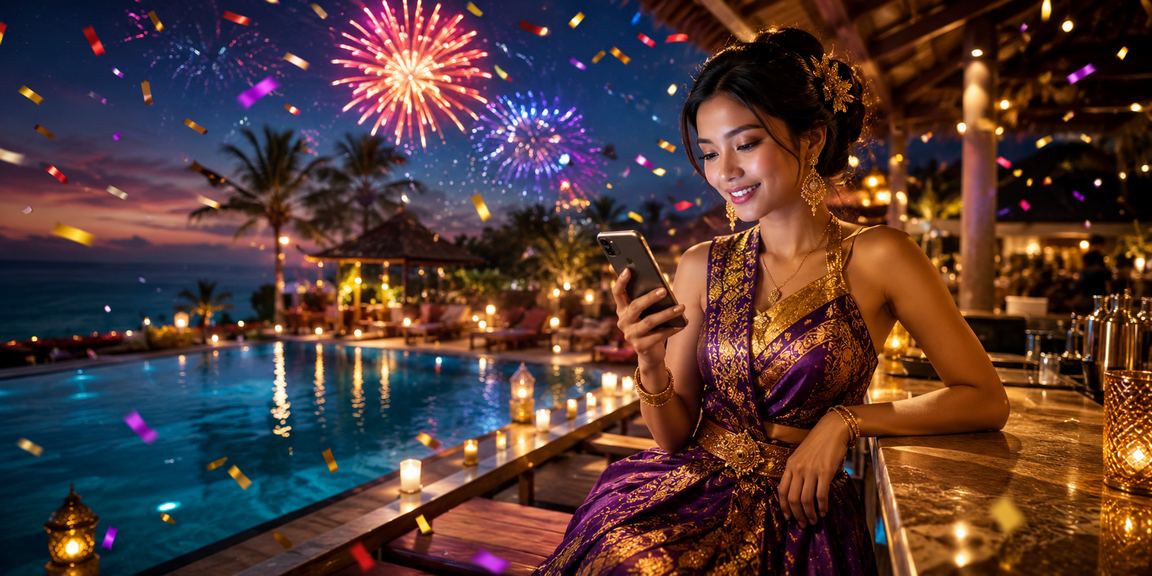 Pengguna mengakses casino mobile di tepi pantai tropis dengan pemandangan indah